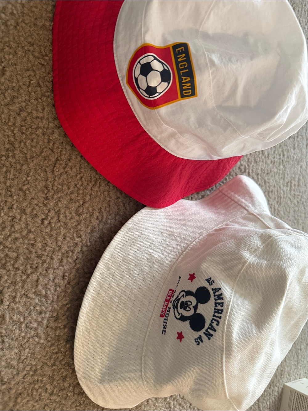 Old Navy White and Red Bucket Hats - England Soccer & Mickey Designs Disney